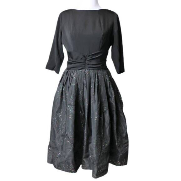 Vintage 1950s Black Evening Dress with Flocked Skirt Rainbow Glitter Medium - Picture 1 of 8